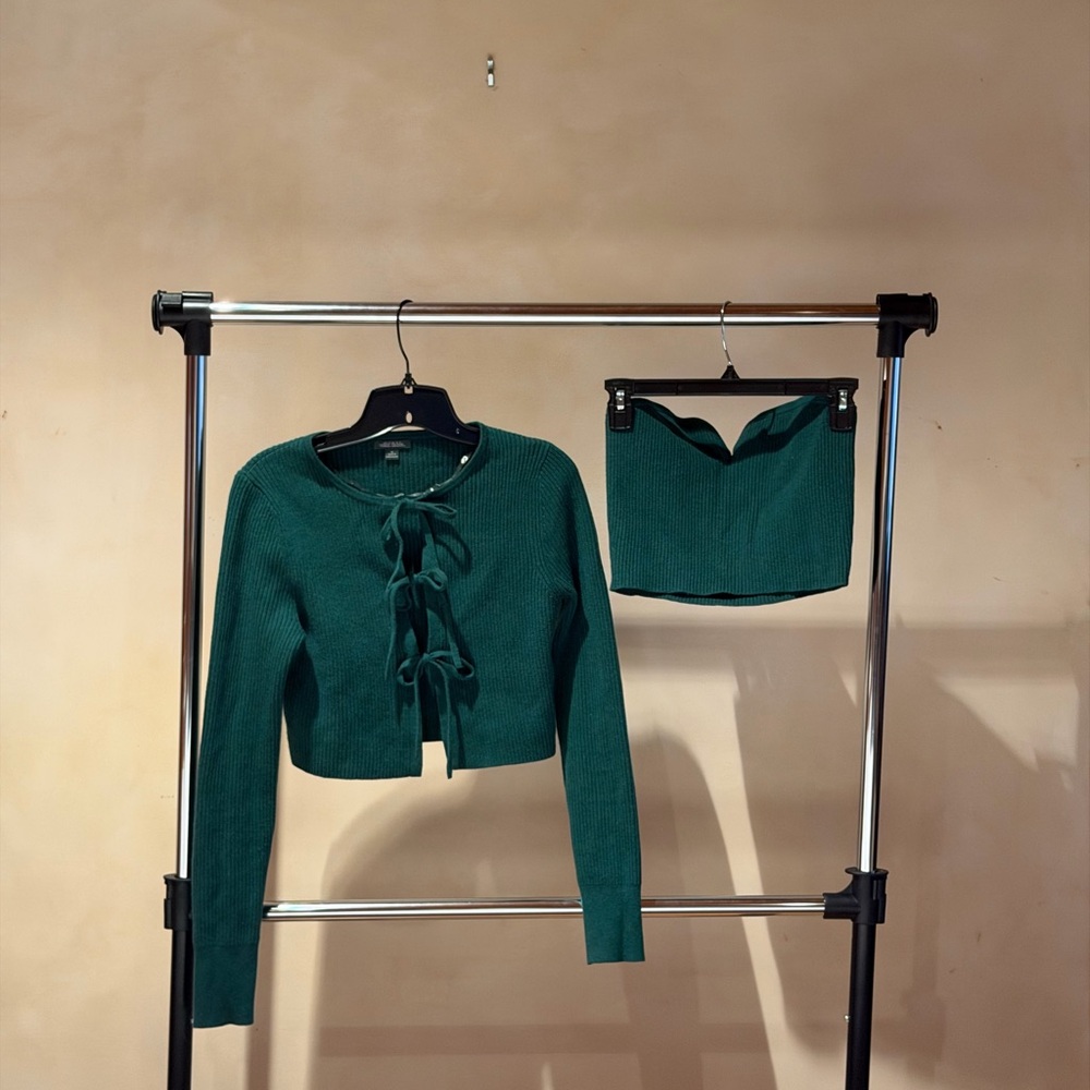 Green Knit bowTwo Piece Set Cardigan + Tube top
